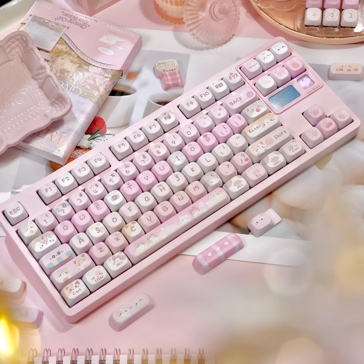 Pink MOA mechanical keyboard keycaps with cartoon design on all five sides via sublimation printing