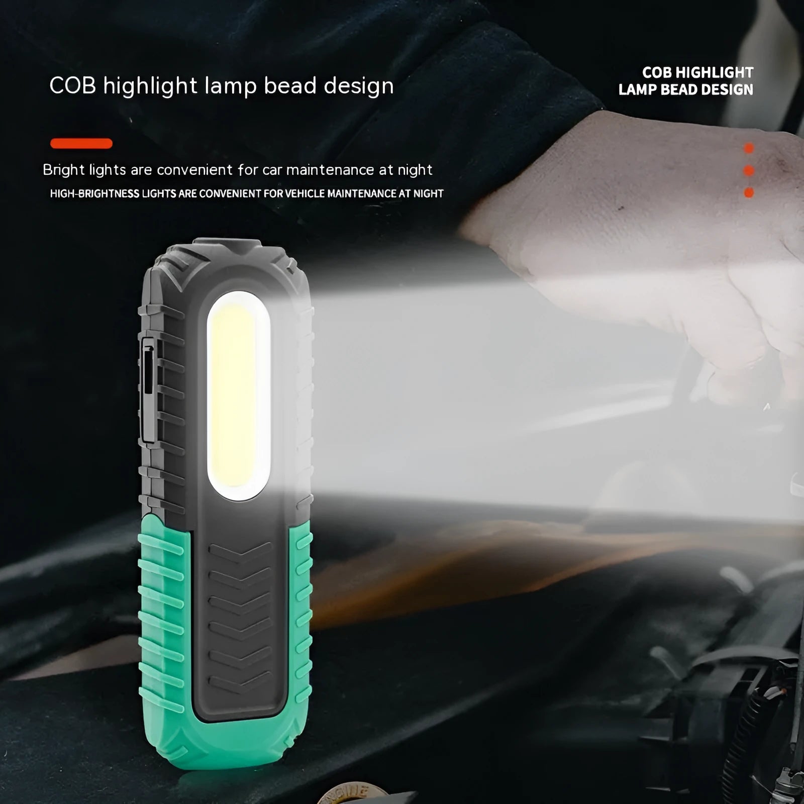 Black and green auto repair work light with USB cable for charging vehicle inspections