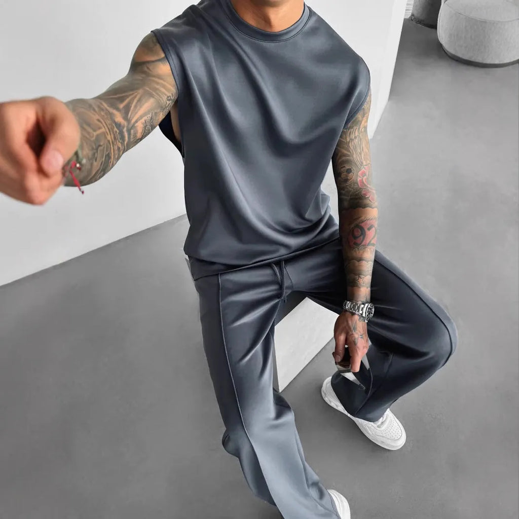 Men's polyester trousers and vest suit set in eight colours, sizes S to XXL, simple summer style