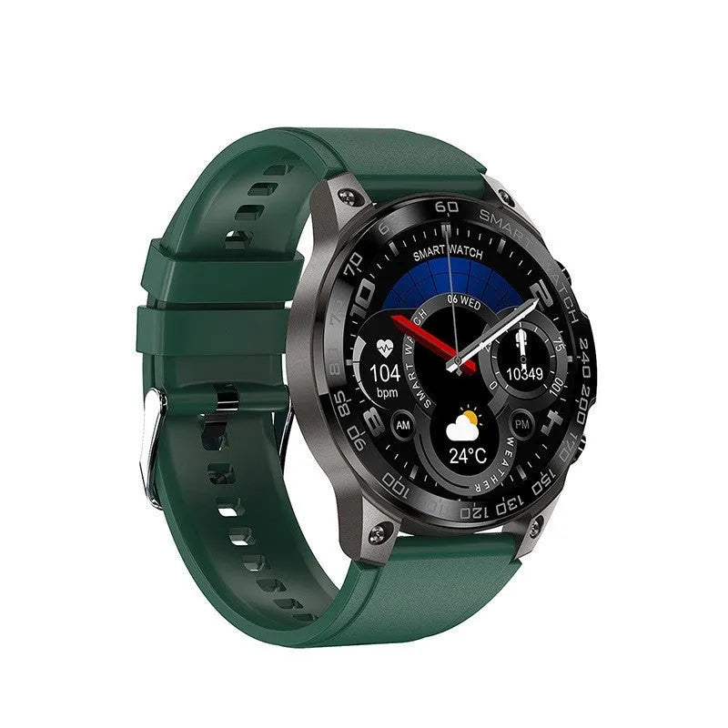 Round Bluetooth smartwatch with AMOLED screen on a silicone strap, showing fitness stats.