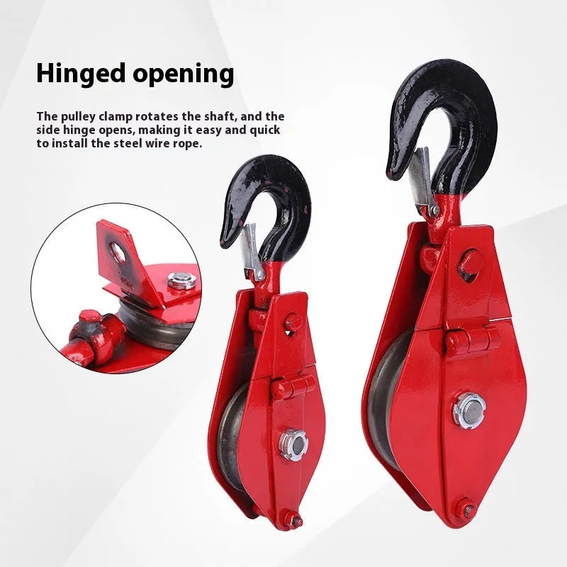 Red industrial steel lifting pulley with a large safety latch hook for wire rope or sling connection.