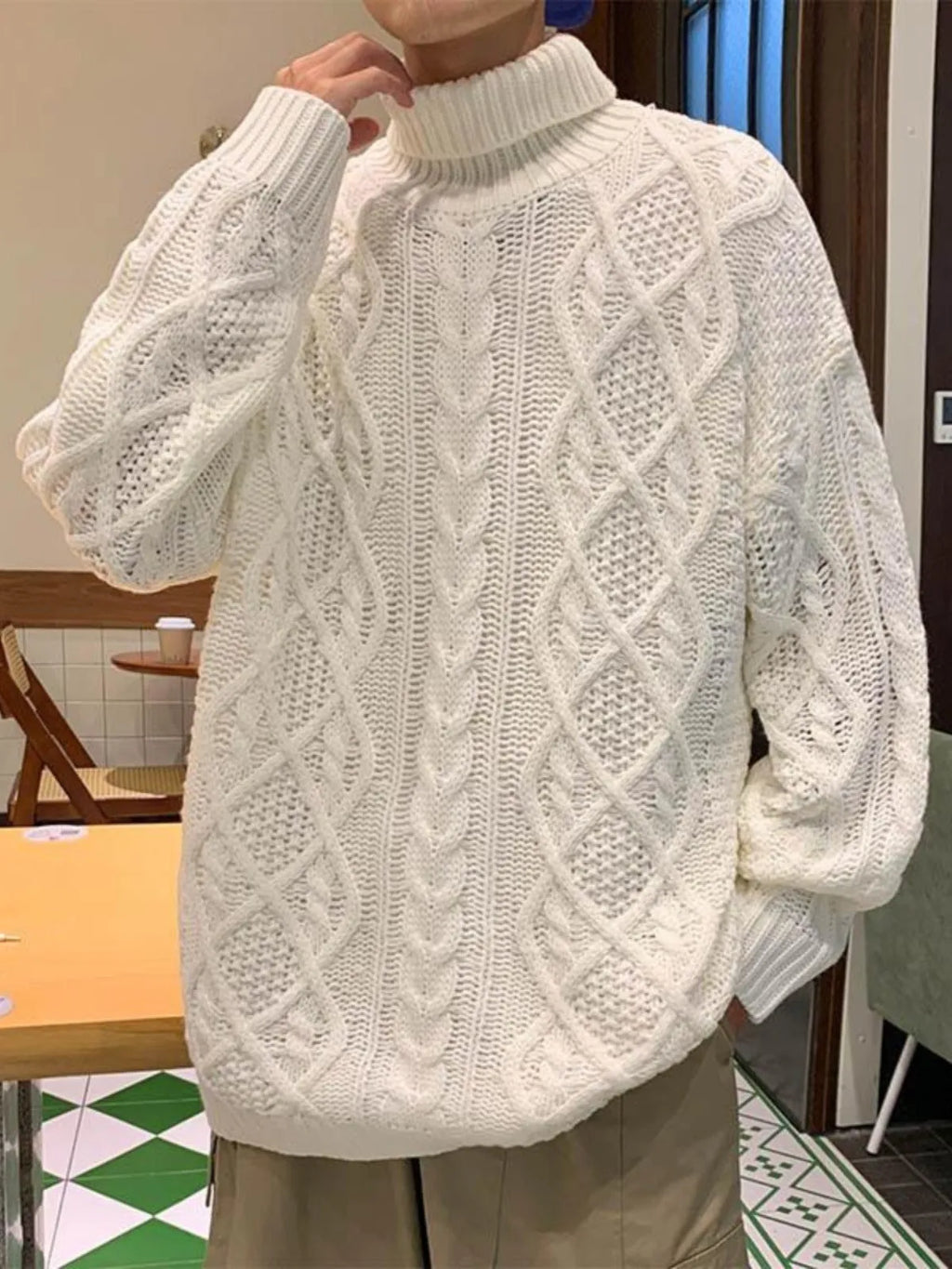 Japanese-style retro green jacquard turtleneck sweater, loose-fit wool-blend pullover for casual wear