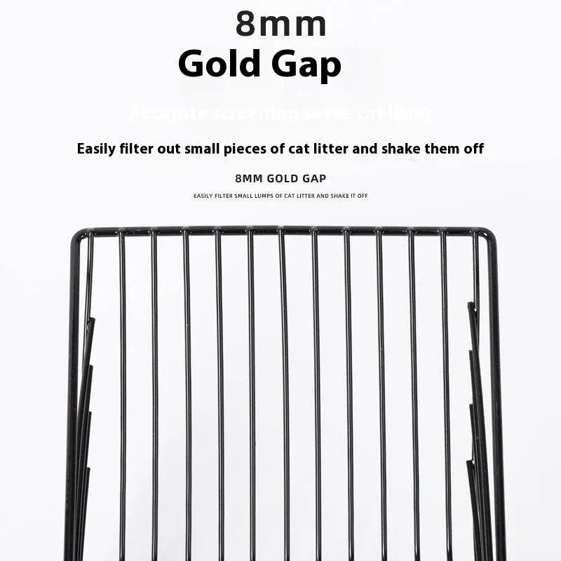 Black metal cat litter scoop with 0.8cm gap spacing between tines for sifting clumping litter