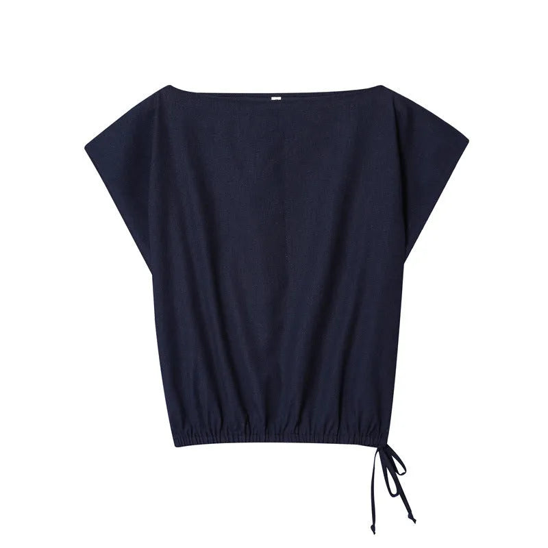 Women's linen blend off-neck shirt with flounced sleeves and matching wide leg trousers set