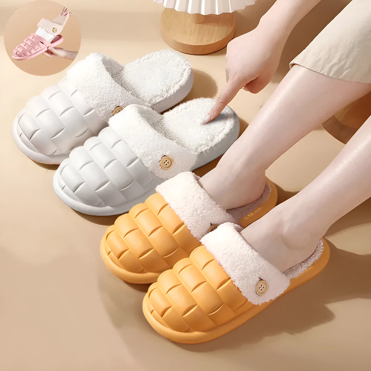 Women's detachable plaid slippers with plush lining and EVA anti-skid sole in multiple colours.