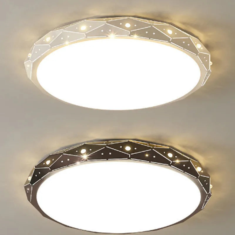Round iron LED ceiling lamp with a black frame and dimmable light, mounted on a white ceiling.
