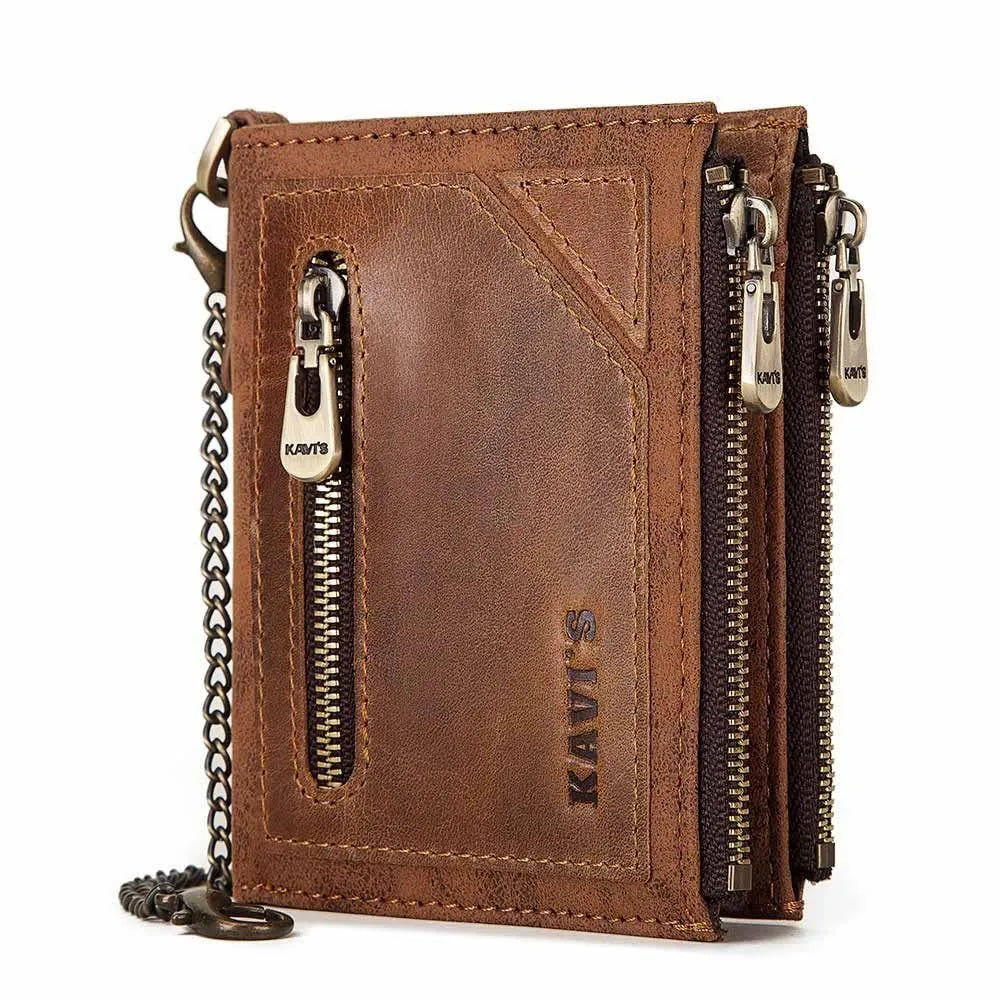 Dark brown genuine cowhide leather men's wallet with a metal anti-theft chain and RFID-blocking technology.