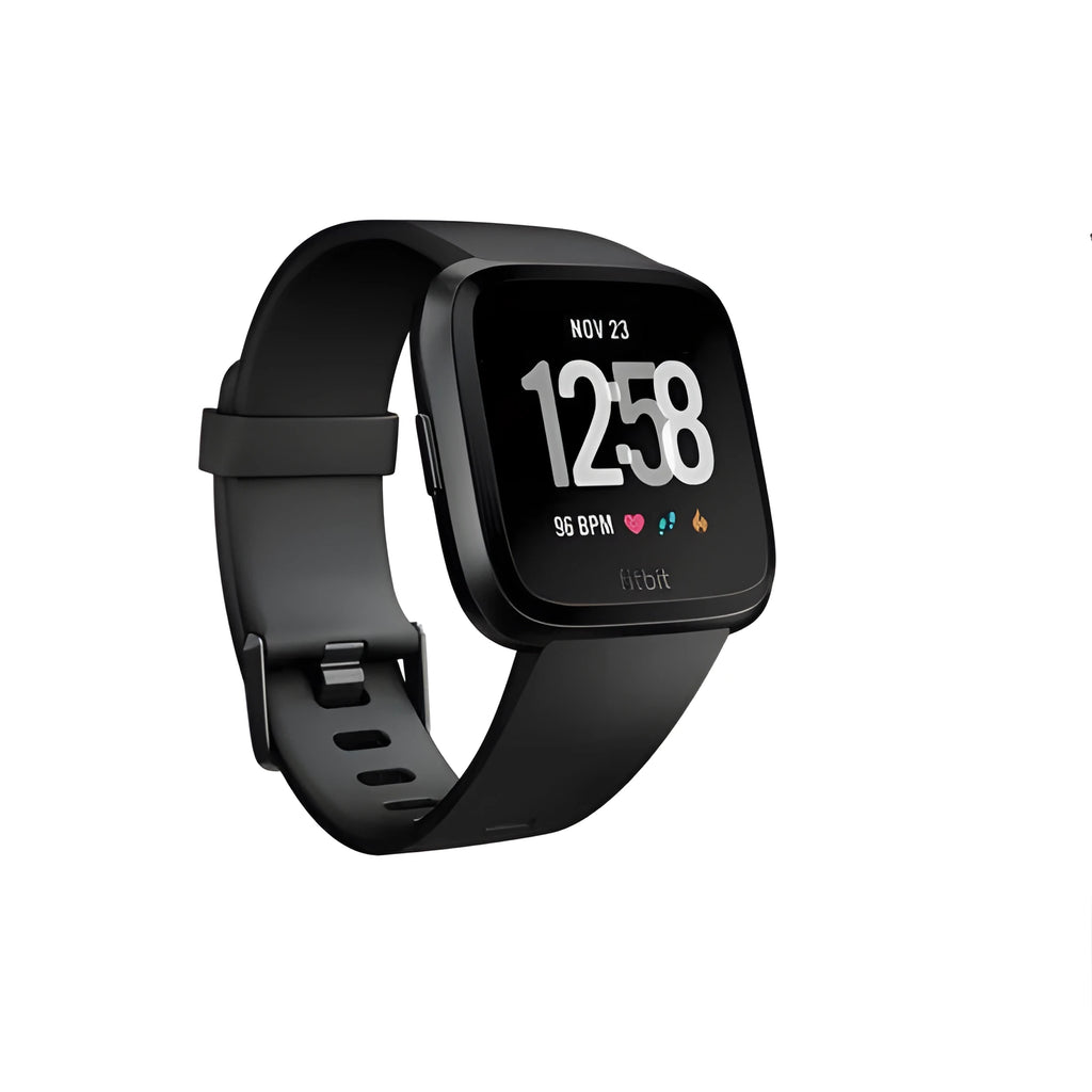 Black smart watch with silicone strap showing 1.4-inch touchscreen displaying heart rate data.