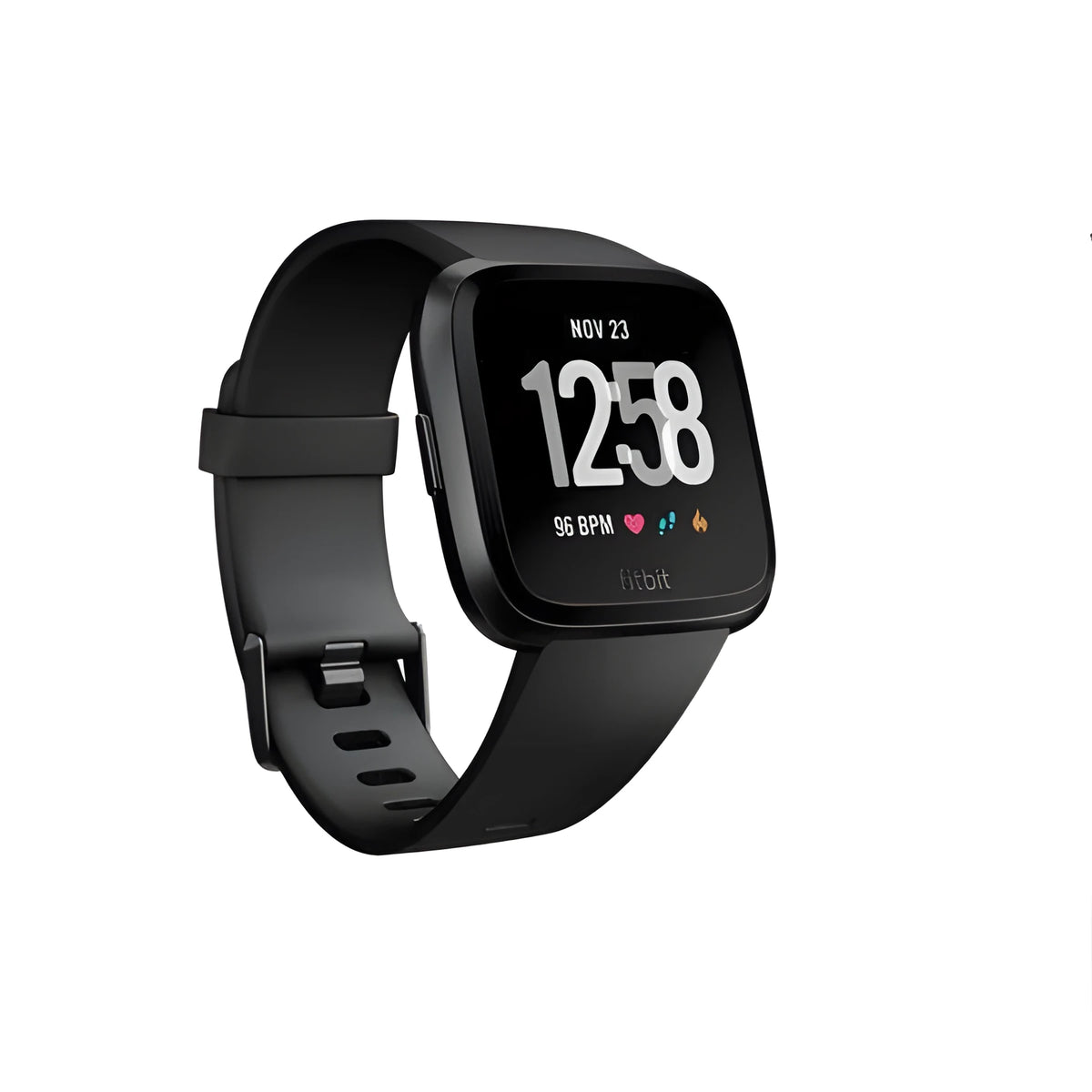 Black smart watch with silicone strap showing 1.4-inch touchscreen displaying heart rate data.