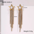 Women's stainless steel earrings with 18K electroplating in heart, star and geometric shapes featuring diamond tassels
