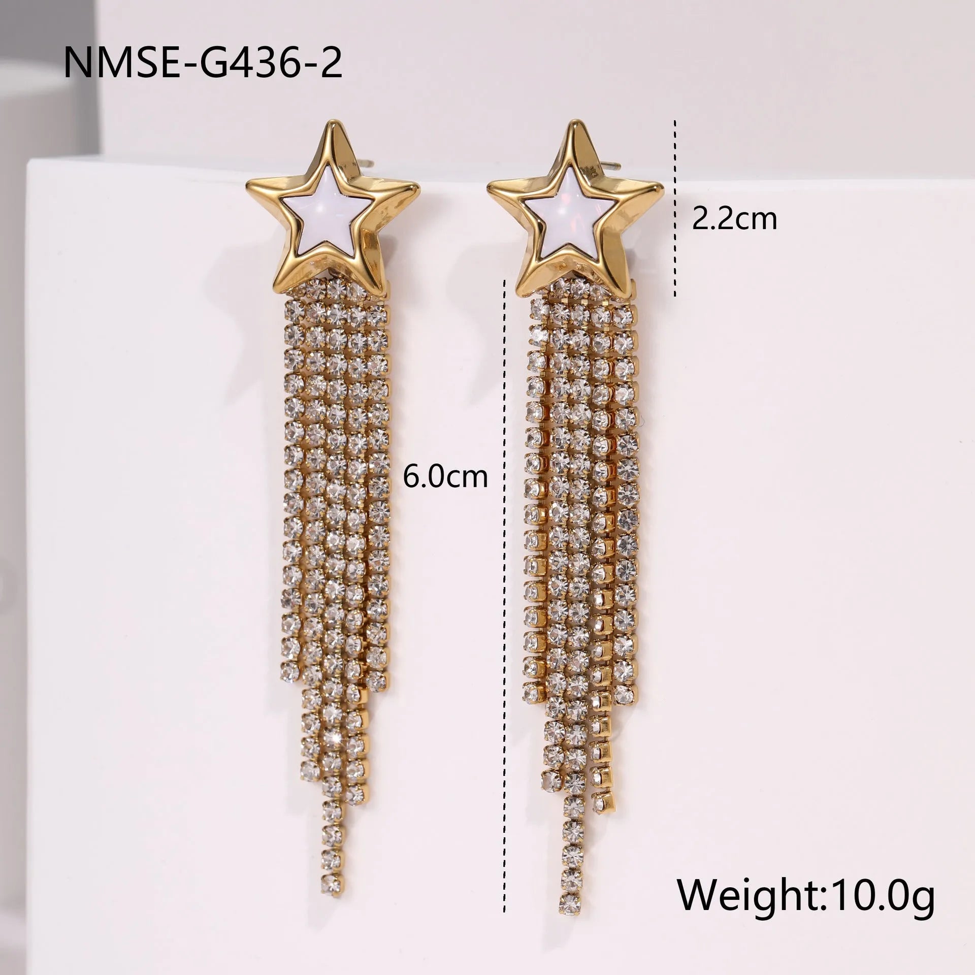 Women's stainless steel earrings with 18K electroplating in heart, star and geometric shapes featuring diamond tassels