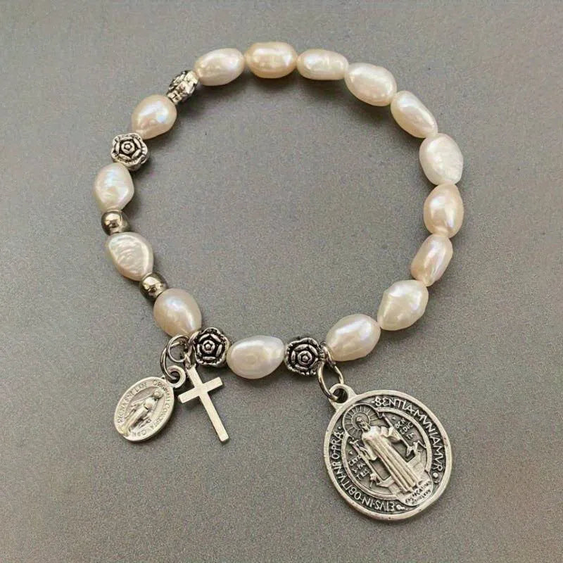 Silver metal beaded flower bracelet for women with retro style and electroplated finish