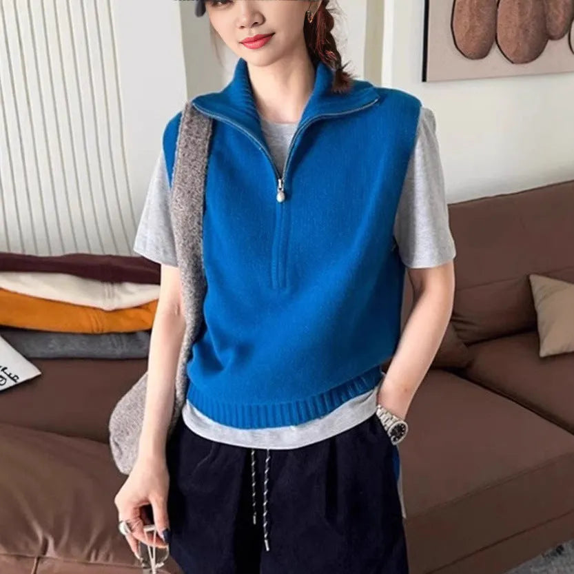 Retro half zipper sleeveless knit vest with 3D pattern in orange polyester mesh fabric