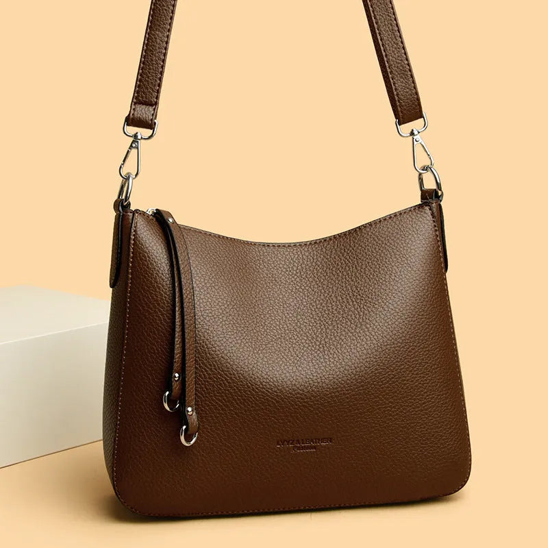 Genuine leather shoulder crossbody bag, soft horizontal square, six colours, metal and belt decoration