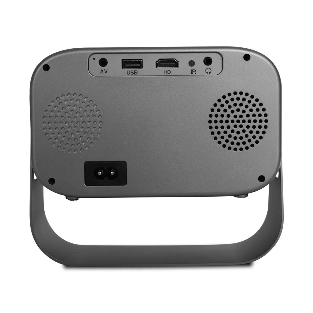 Black portable smart projector with Android system, remote control, and power cables