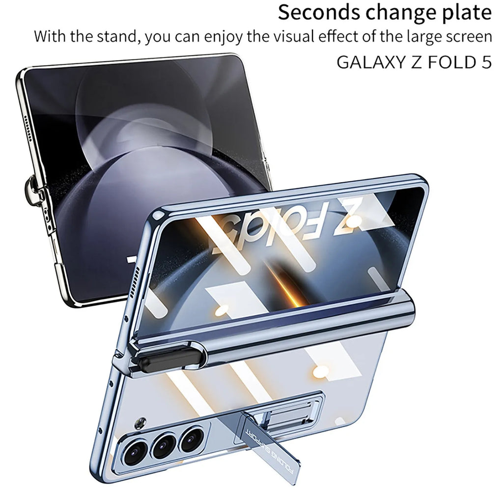 Electroplating transparent phantom magnetic hinge pen holder phone case for Samsung Z Fold 5 in Holiday Blue, PC hard shell with bracket and shockproof protection.