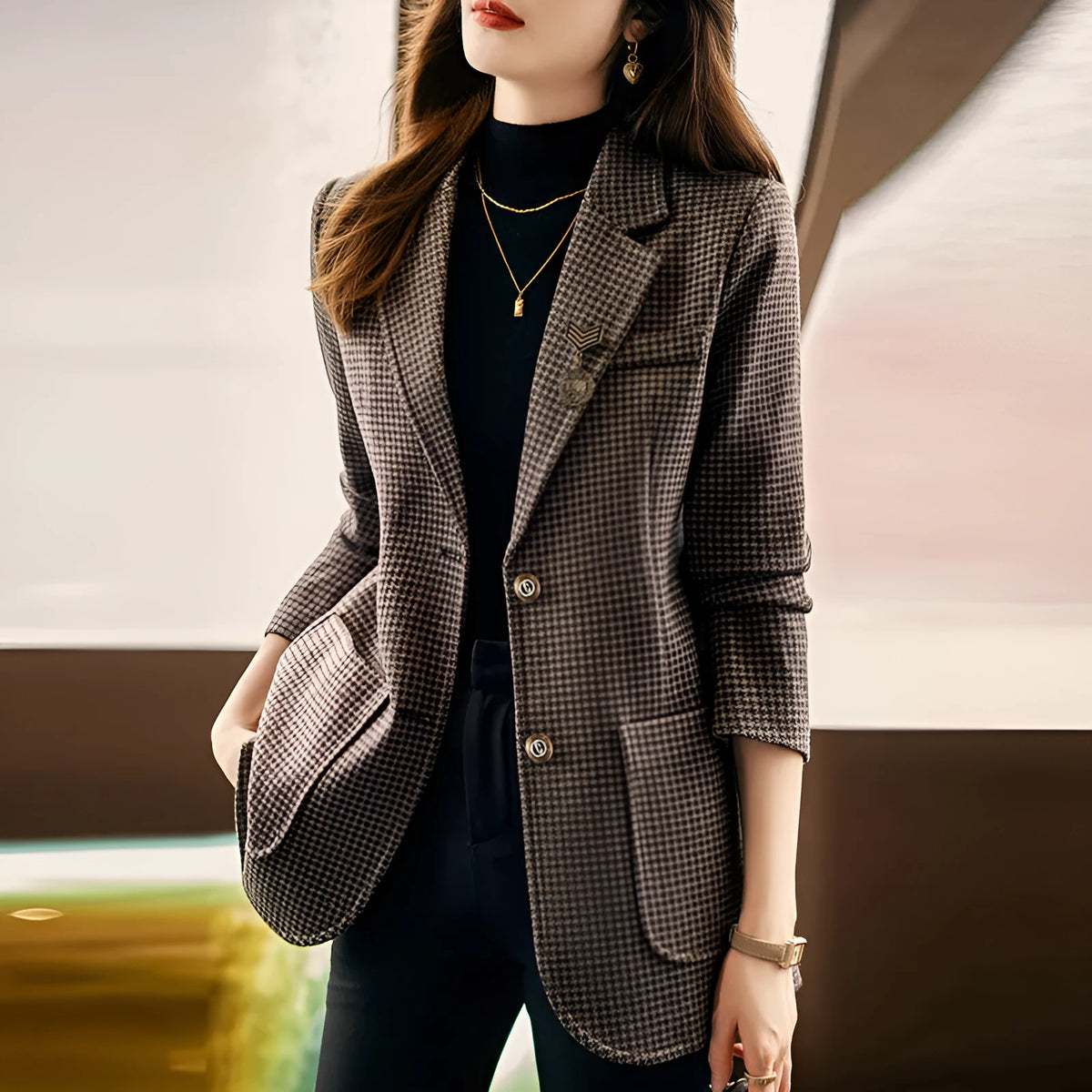 Women's Korean style long sleeve suit top with pocket in grey, green or red, sizes S to XXXL