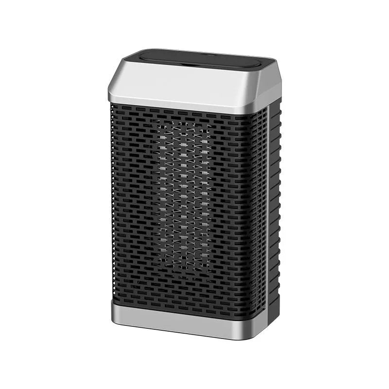 Black remote control desktop electric heater showing compact size and control panel
