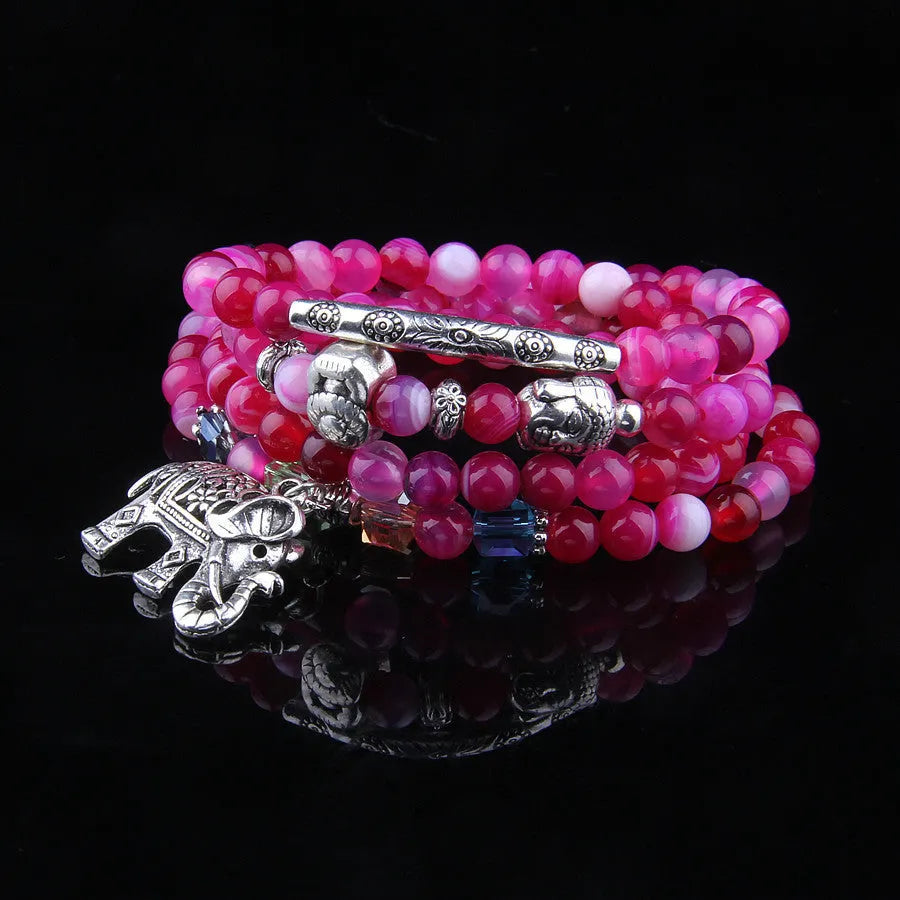Multi-layer agate bracelet with 6mm beads in blue elephant, green, purple, or red elephant colour options for women