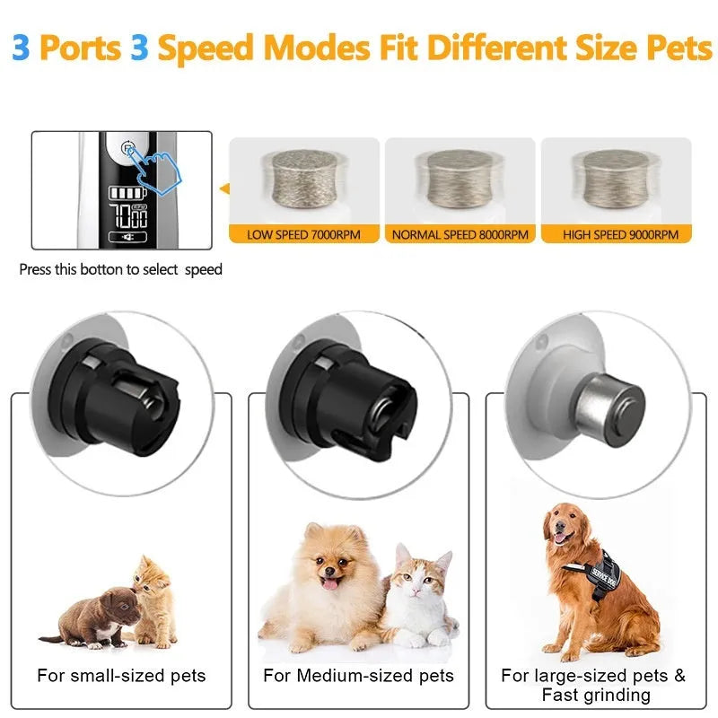 Electric dog nail grinder with LED indicators showing 3-speed settings and dust collection port