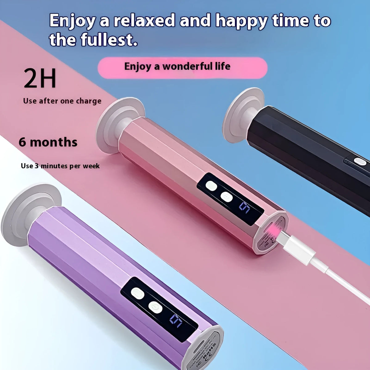 USB-powered sole nail trimmer and callus remover device in pink, black, or purple with grinding wheel accessories.