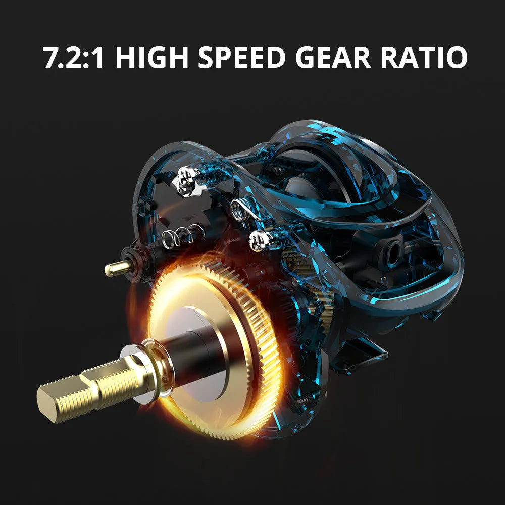 Drip wheel lure fishing reel with metal construction and rocking wheel mechanism