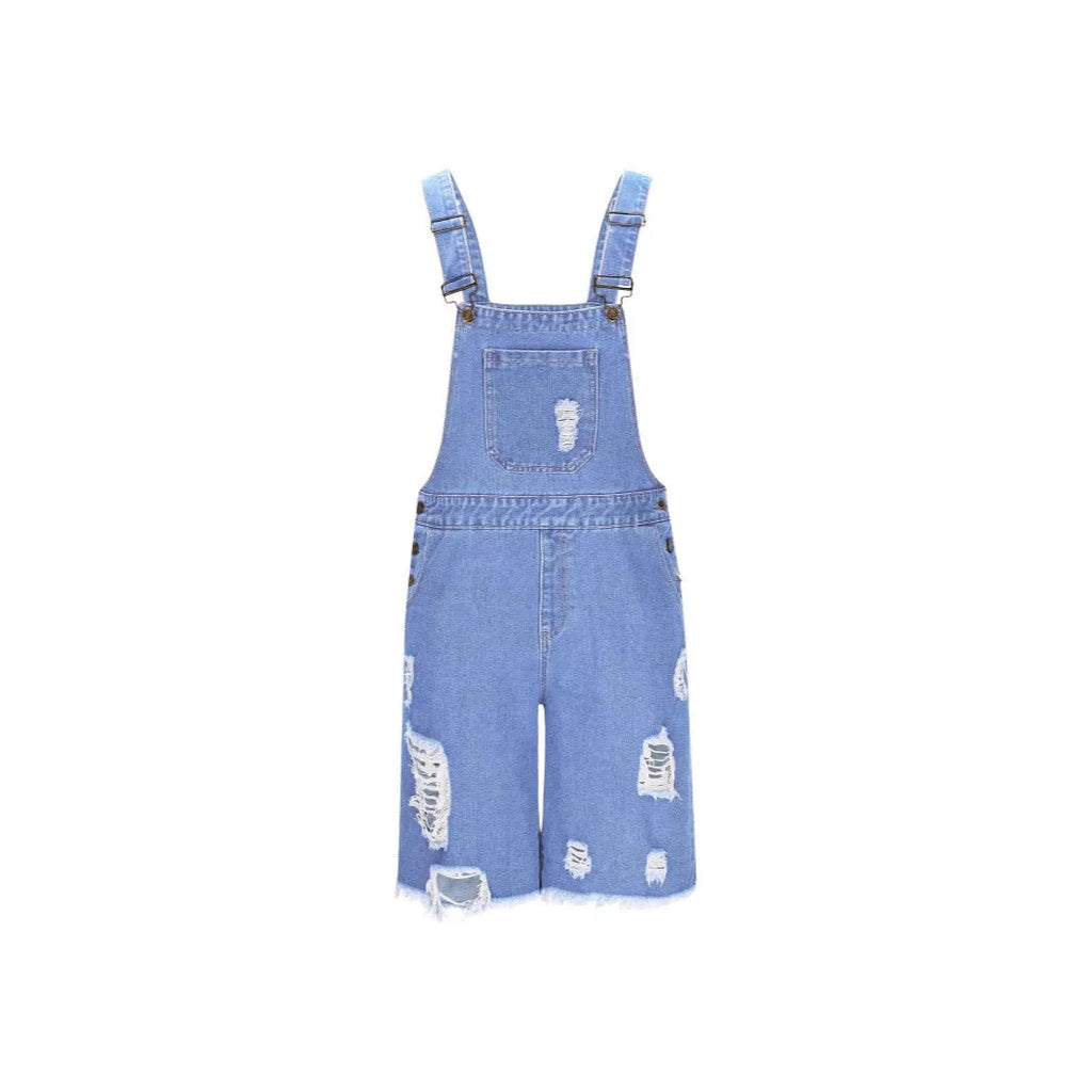 Men's ripped denim shorts with integrated suspenders in straight-leg style