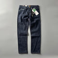 Men's straight leg cotton denim trousers in primary colour with mid-rise waist and retro American style.