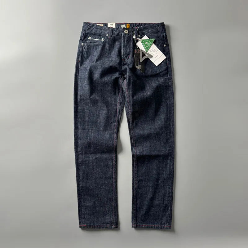 Men's straight leg cotton denim trousers in primary colour with mid-rise waist and retro American style.