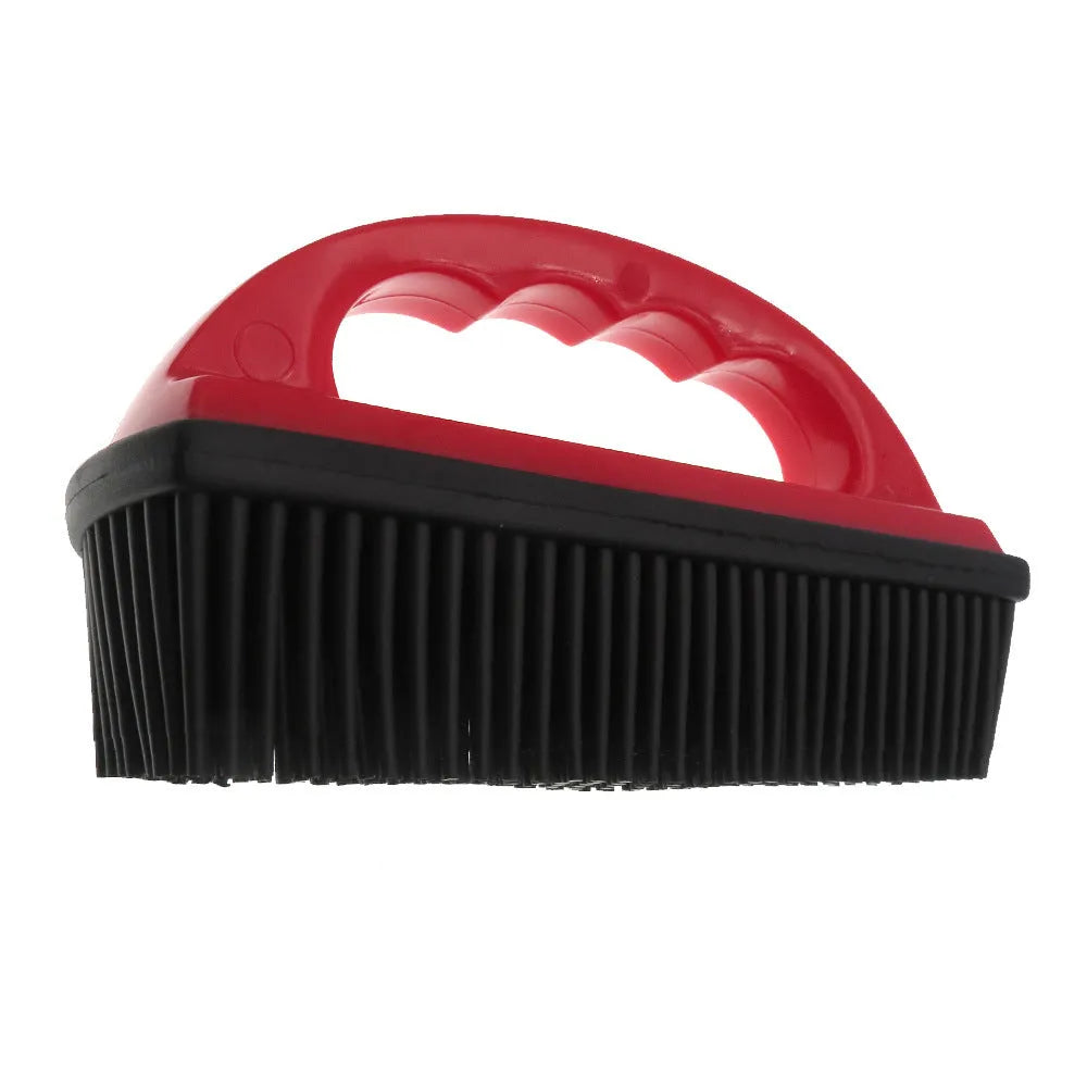 Red curved-handle pet hair removal brush for bath massage and carpet cleaning.
