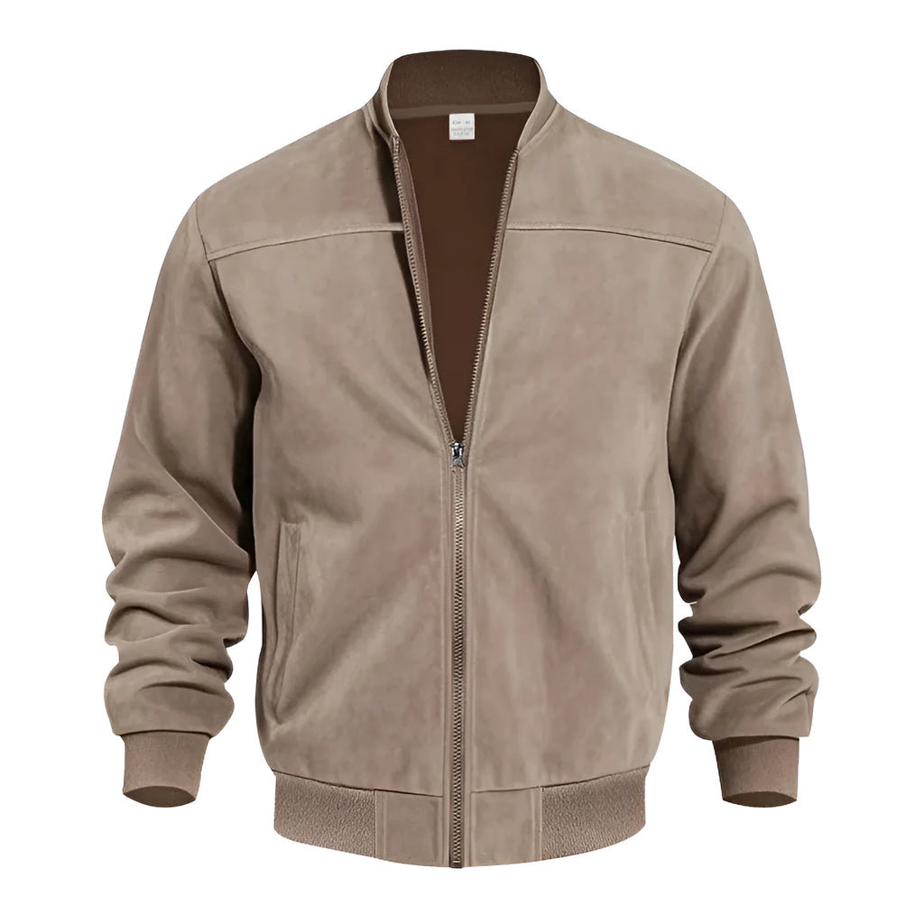 Men's plus size suede casual jacket with a zipper, shown in Army Green colour.