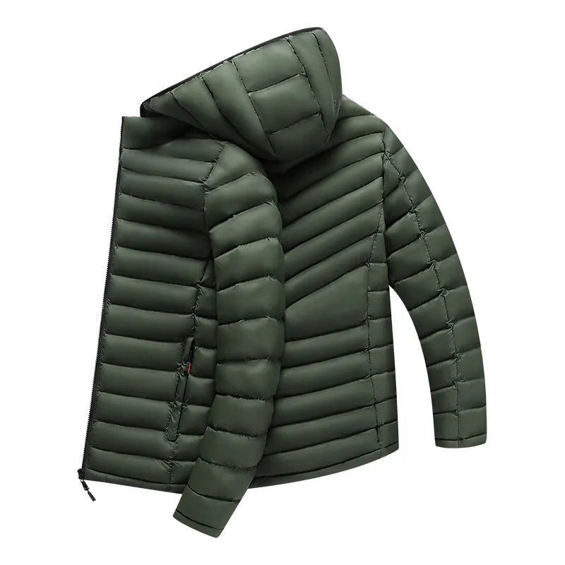 Men's black hooded lightweight down jacket with detachable collar and zipper pockets
