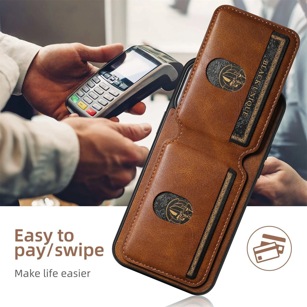 PU leather card holder iPhone case with stand, handmade TPU bumper, black brown blue