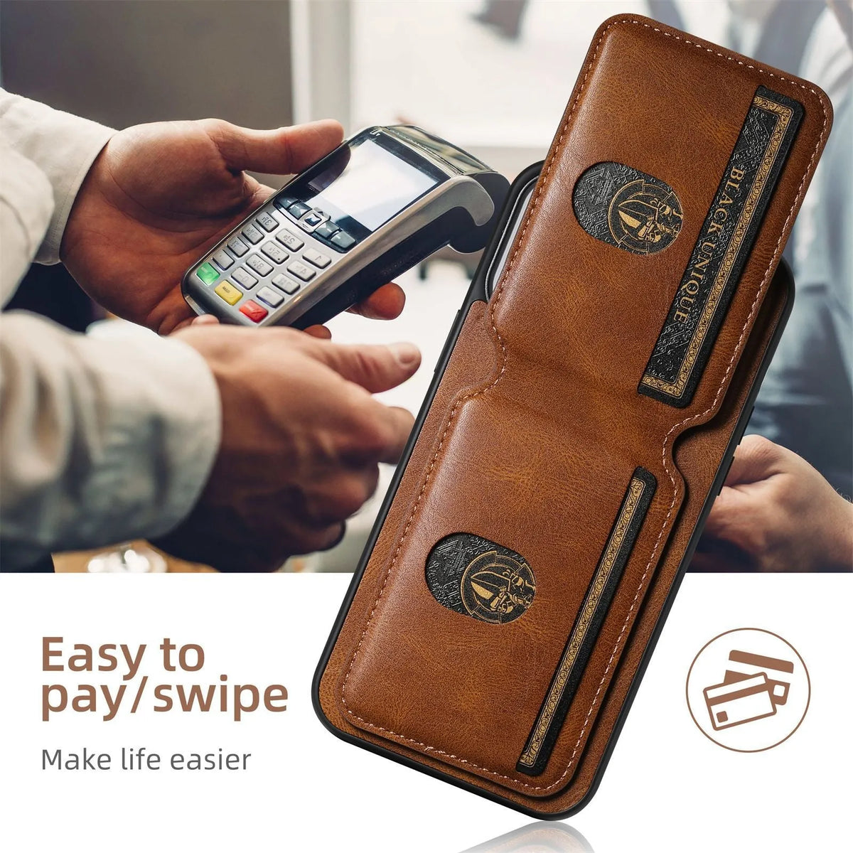 PU leather card holder iPhone case with stand, handmade TPU bumper, black brown blue