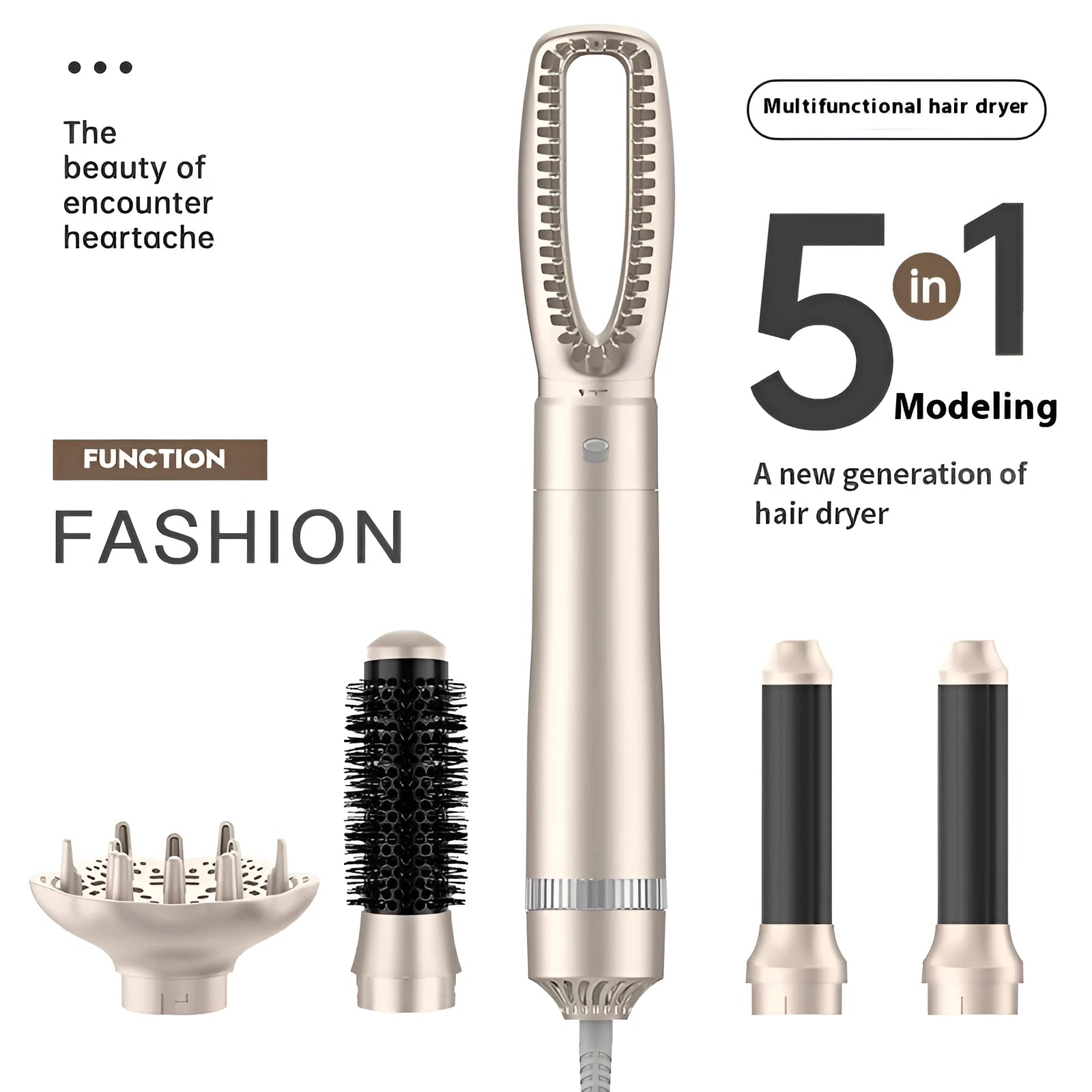 Champagne gold five-in-one hot air comb hair curler and straightener styling tool