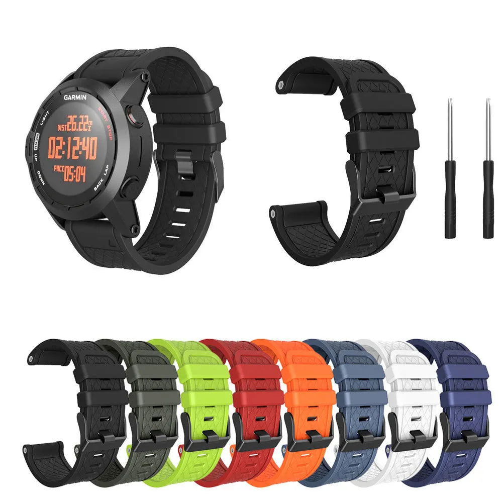 Jiaming 26mm wide silicone sports watch strap shown in black, one of eight available colours