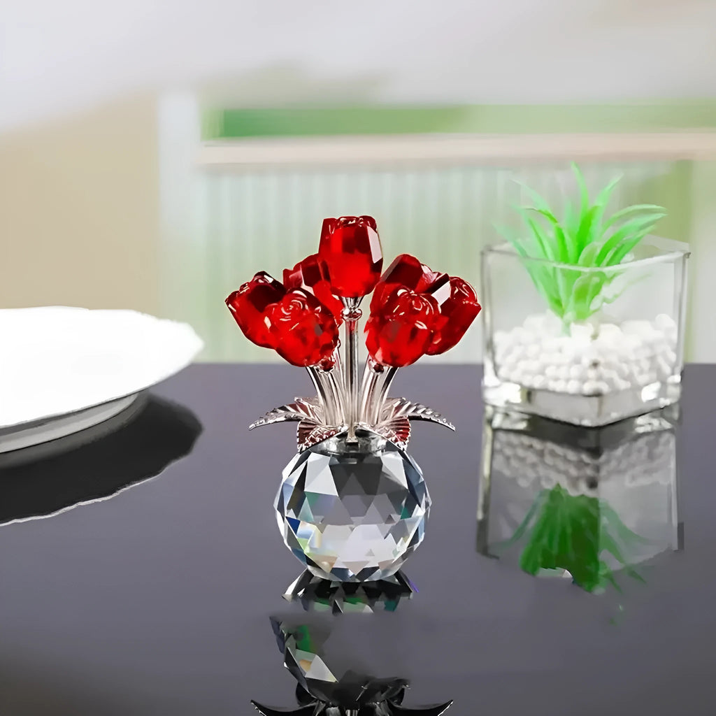 K9 crystal rose ornament with wire drawing geometric Chinese style decoration in red, purple, pink, yellow, green, blue or colourful