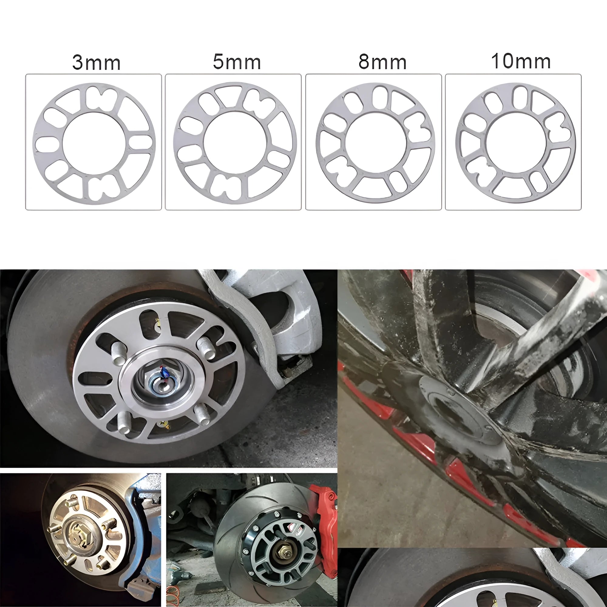 Hub-centric wheel spacer gasket for car modification in thickness options of 3mm, 5mm, 6mm, 8mm, and 10mm.