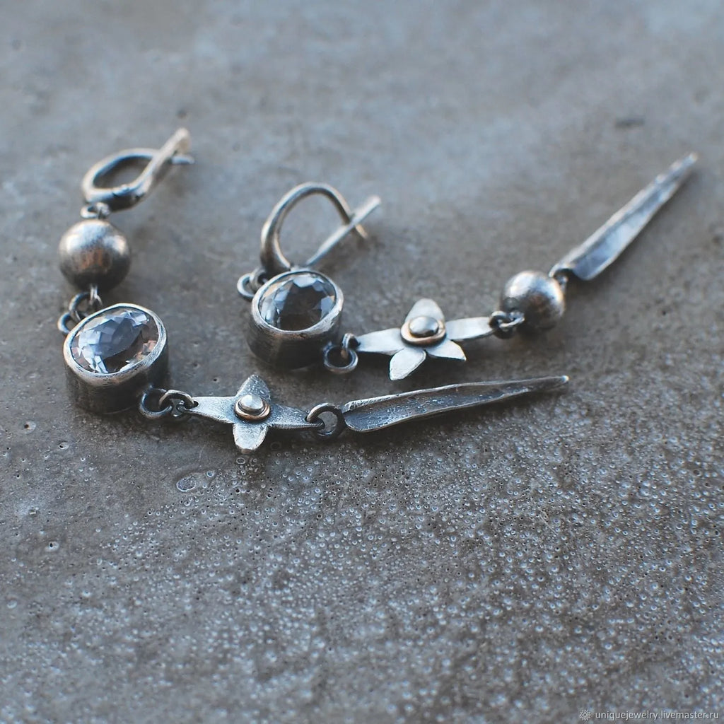 Geometric antique silver plated earrings with long XINGX pendant and rhinestone details