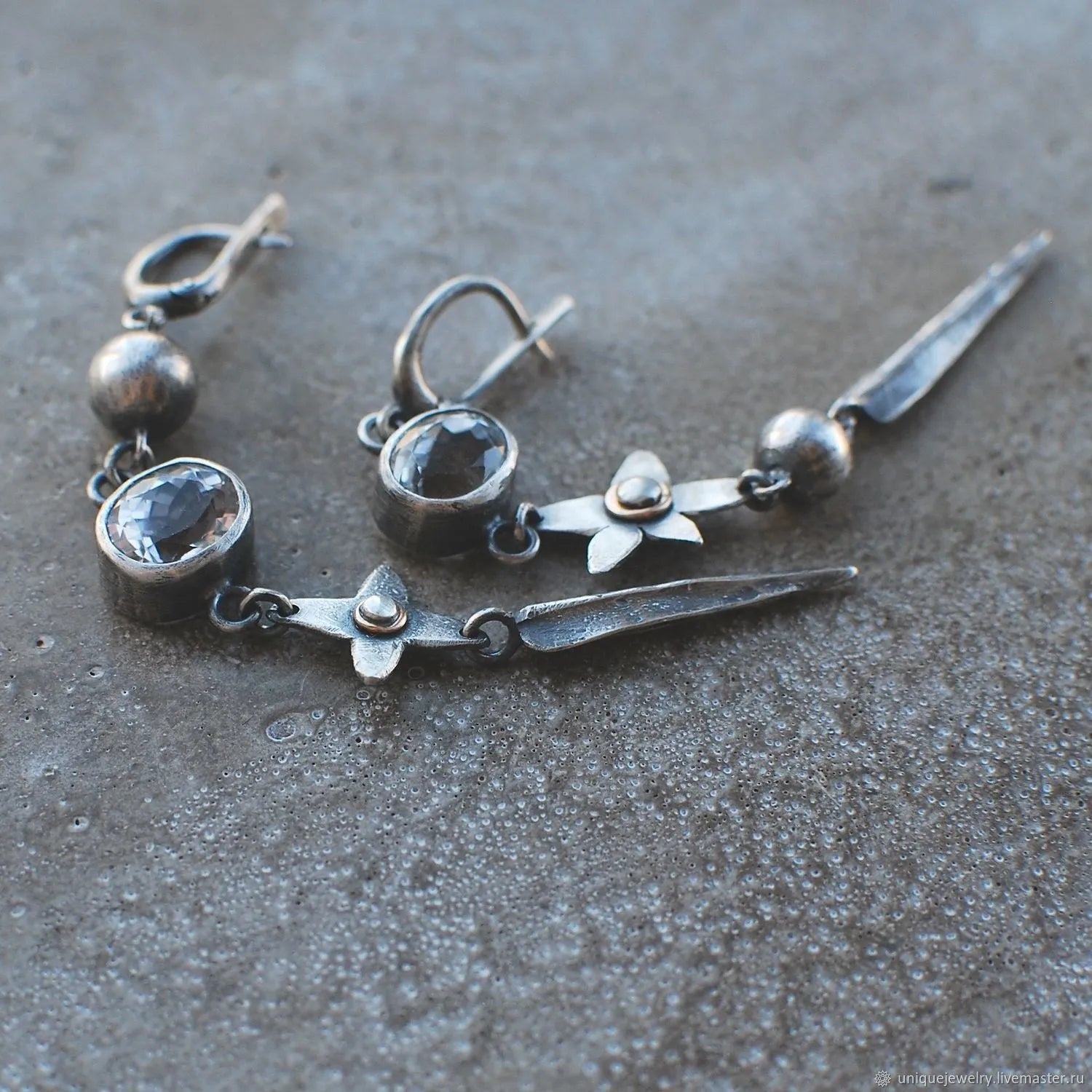 Geometric antique silver plated earrings with long XINGX pendant and rhinestone details