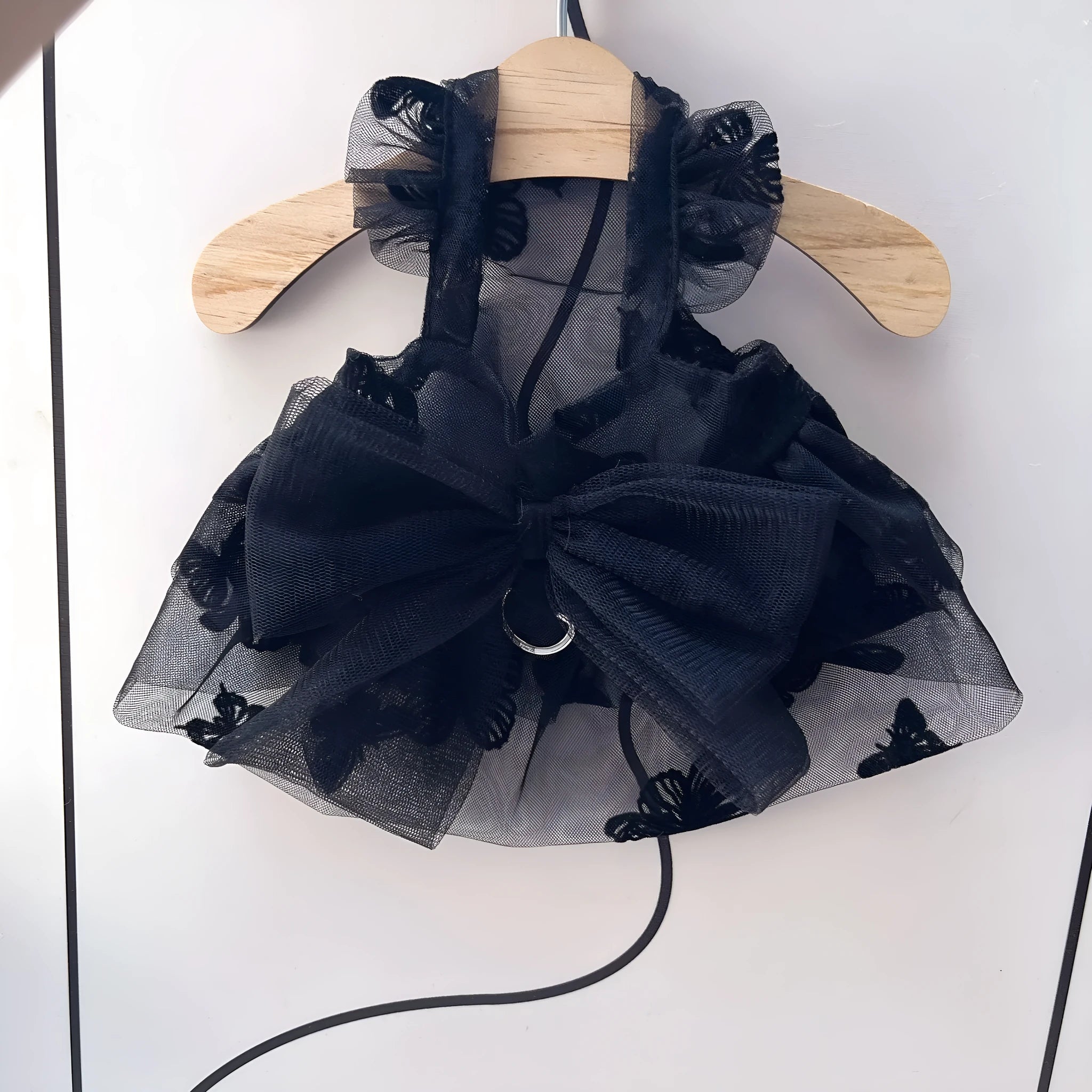 Black polyester princess tulle skirt for small dogs and cats on mannequin