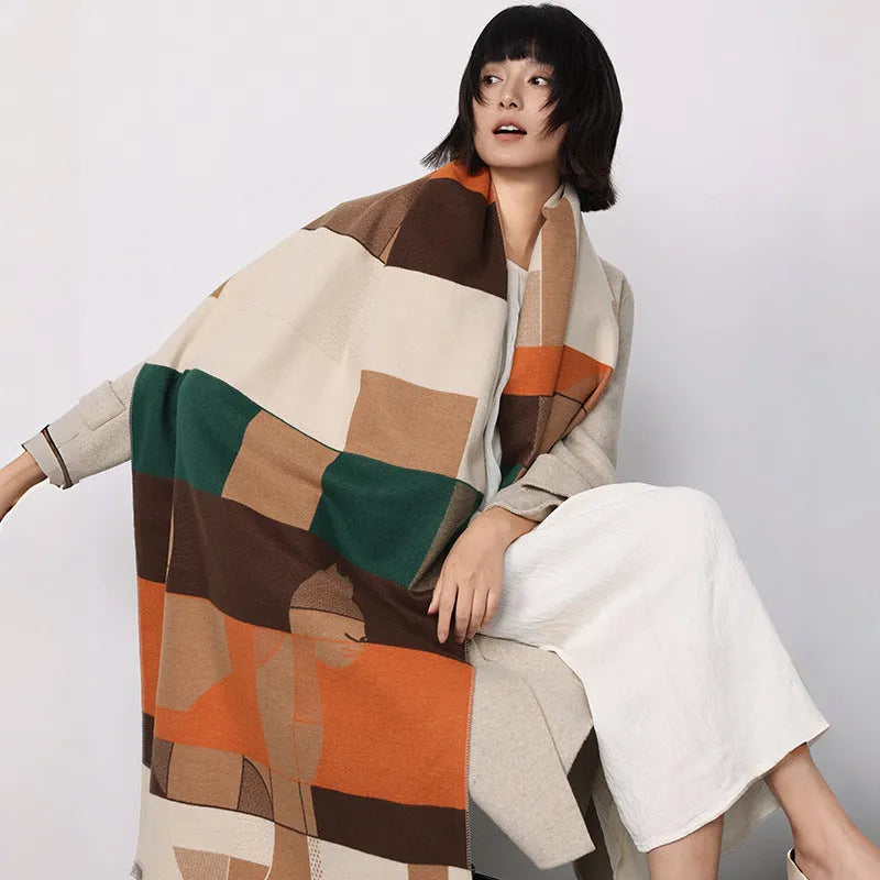 Beige imitation cashmere scarf draped to show its 185cm length and 65cm width.