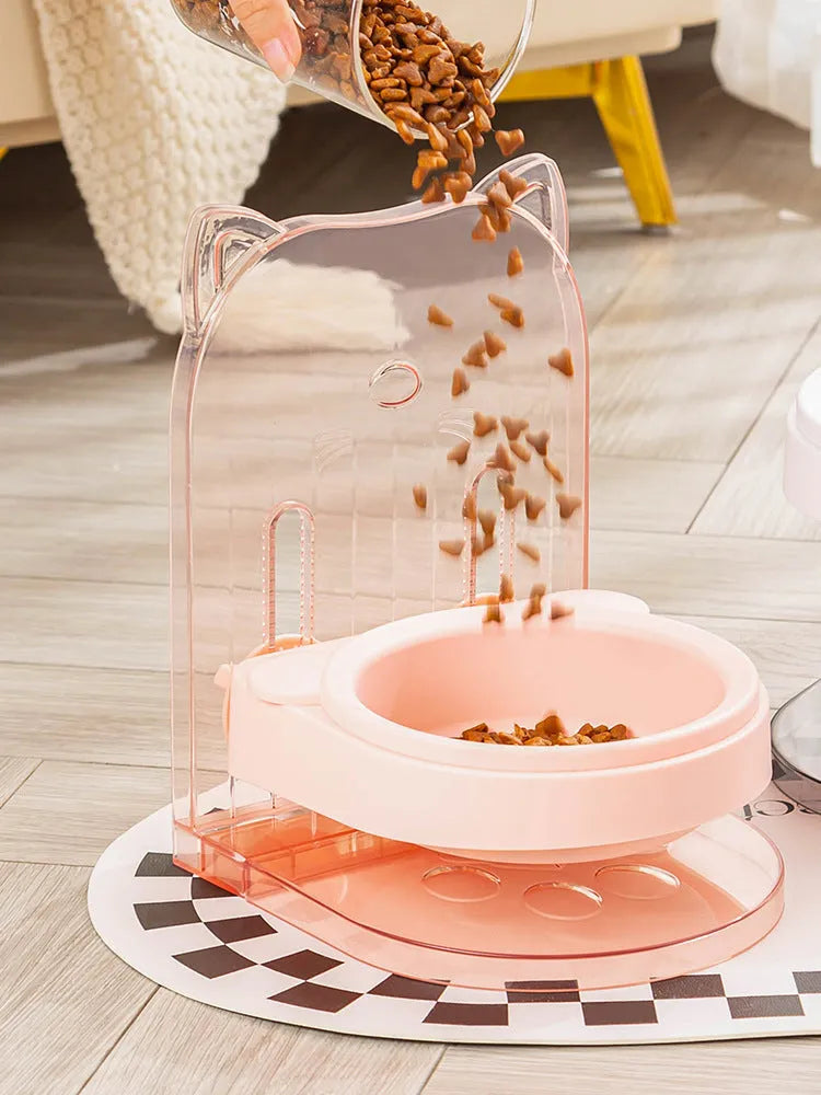 Grey anti-spill cat feeding bowl with neck protection and adjustable height mechanism