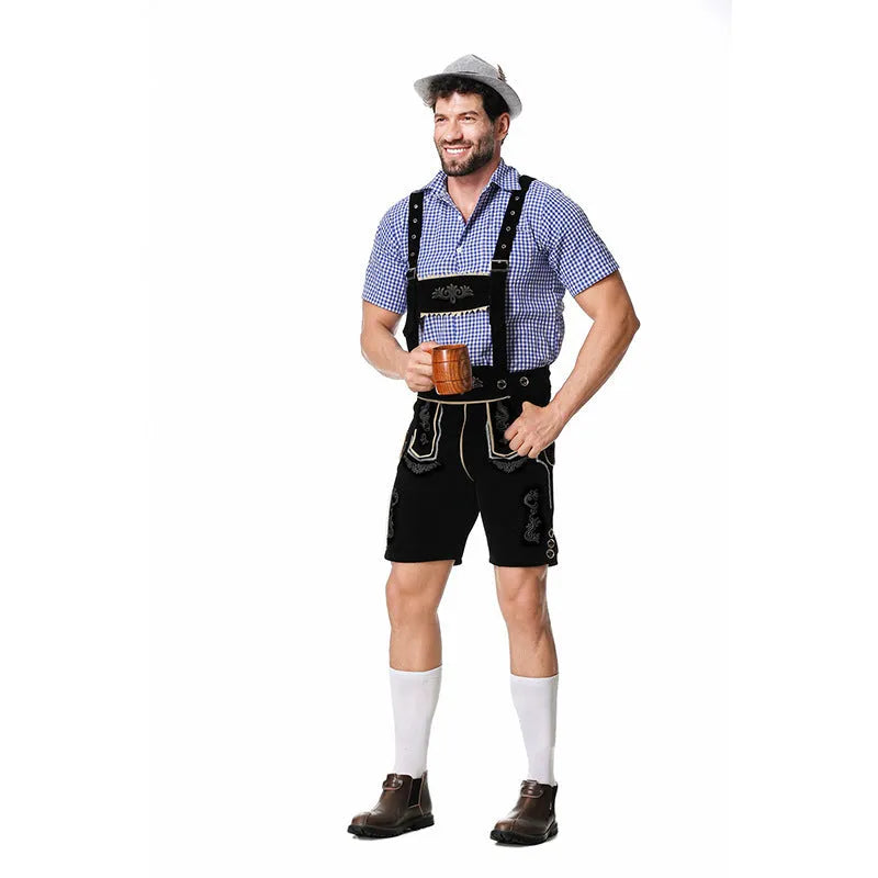 Men's Beer Festival Clothing Set with long sleeve shirt, fifth pants, and denim hat in British style