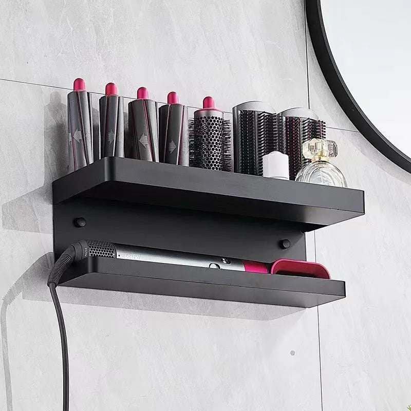 Aluminium double-layer punch-free bathroom storage rack for hair curlers in black colour