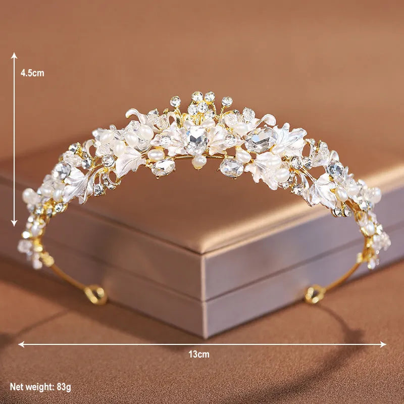 Women's gold alloy crown headdress hair accessory with pearl detailing for formal events