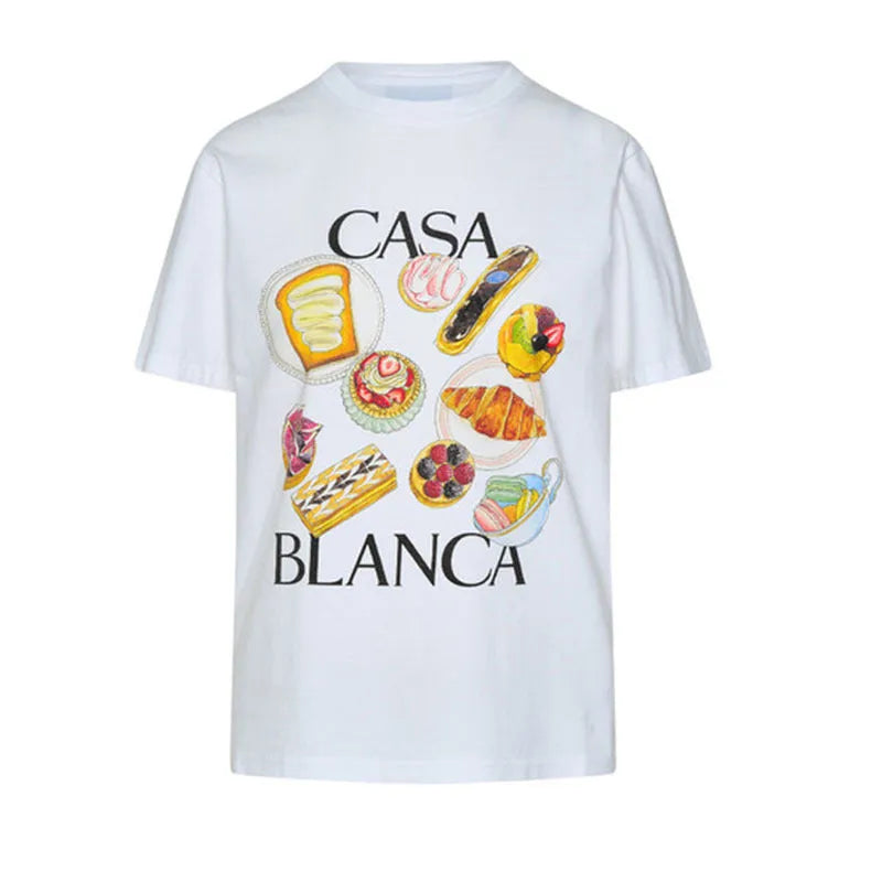 White short sleeve T-shirt with afternoon tea and hamburger print, stripe pattern, loose linen top in S M L XL