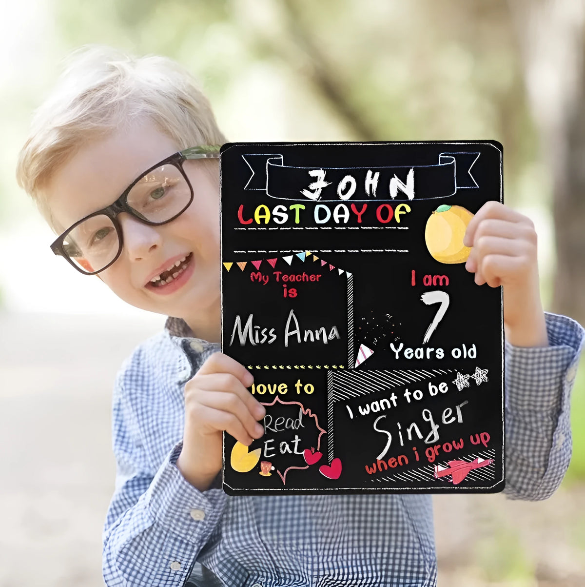 Modern wooden first day of school blackboard sign with dimensions 25.5cm by 30cm.