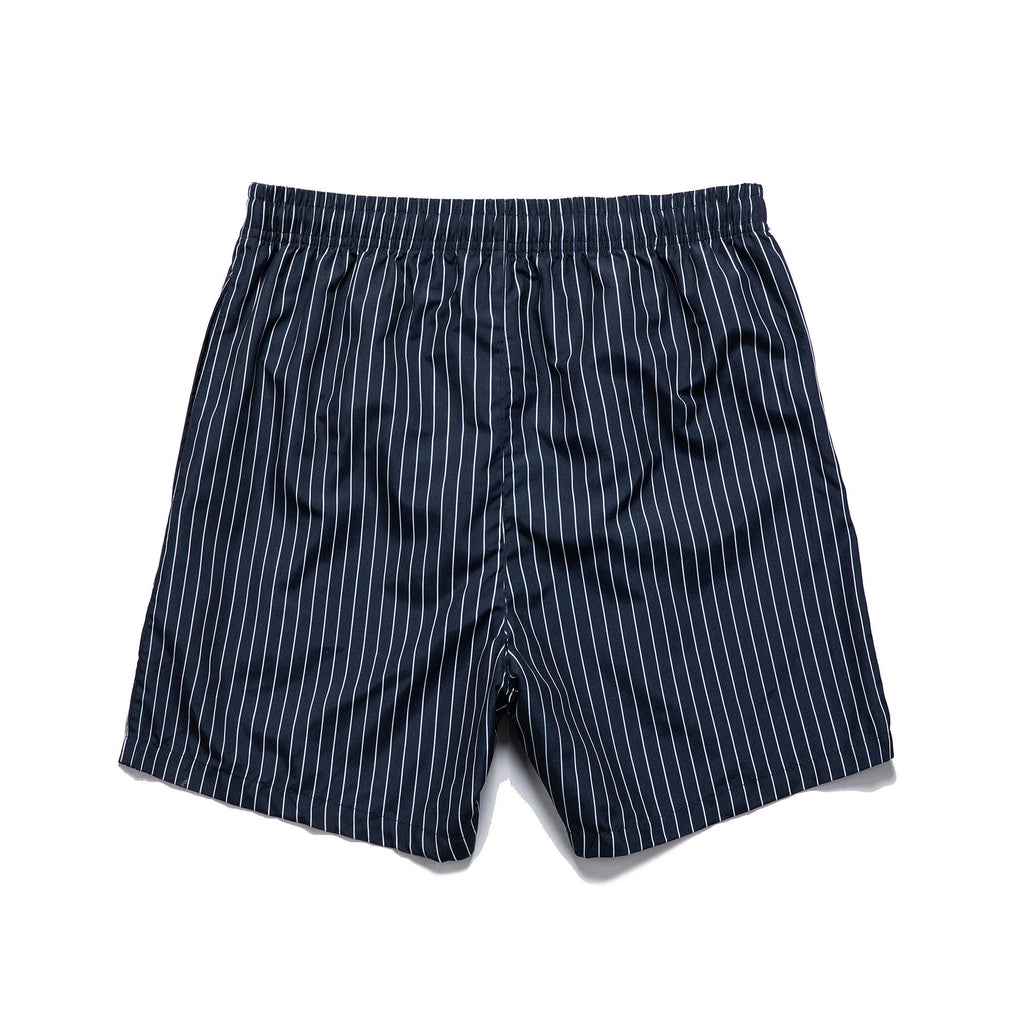 A man wearing grey striped polyester beach shorts with a straight leg opening, shown on a beach.