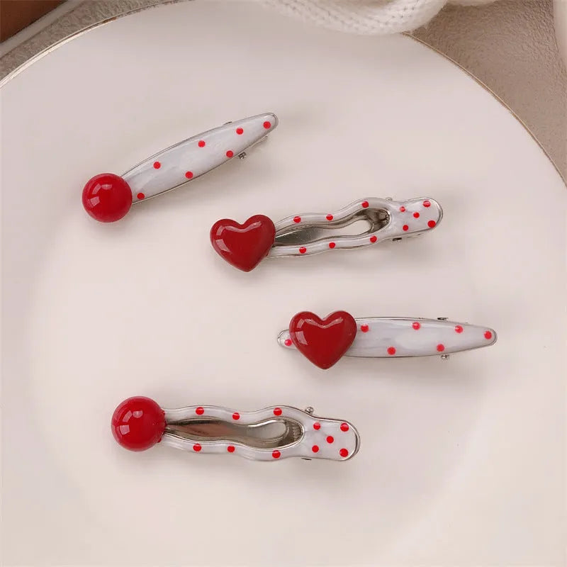 Red heart-shaped hairpin with French retro dots and willow leaf clip, Korean style barrette for women